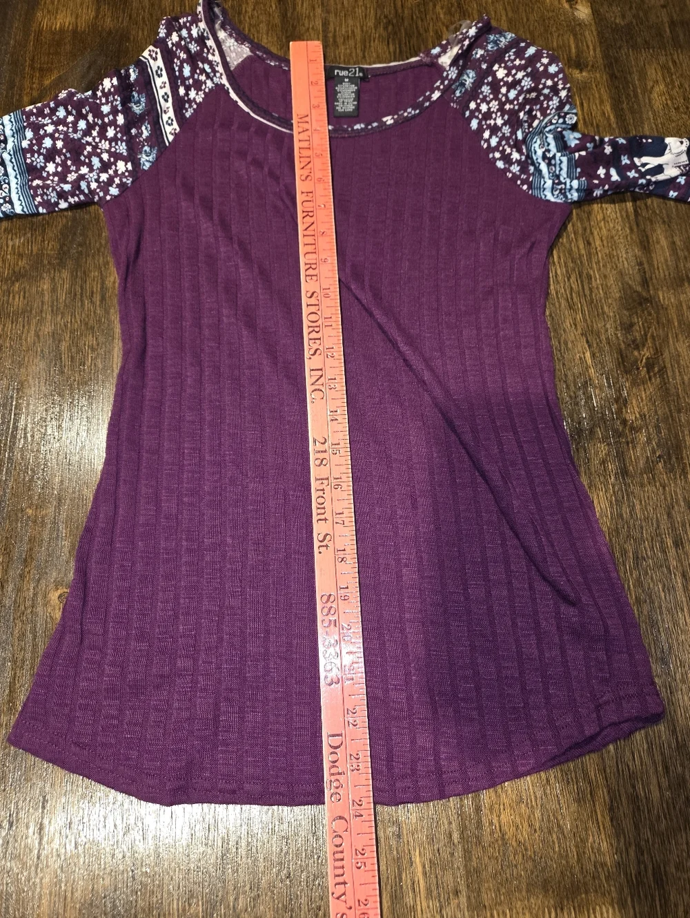 Rue21 Purple Ribbed Scoop‎ Neck Top with Patterned Raglan Sleeves